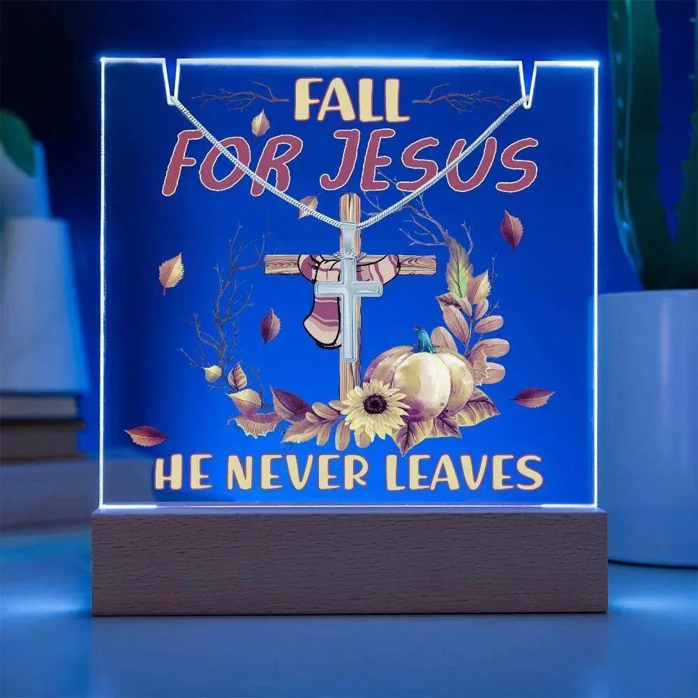 Fall for Jesus Acrylic Plaque – Christian Fall Décor with Artsan Cross Necklace | Faith-Based LED Light Display Gift