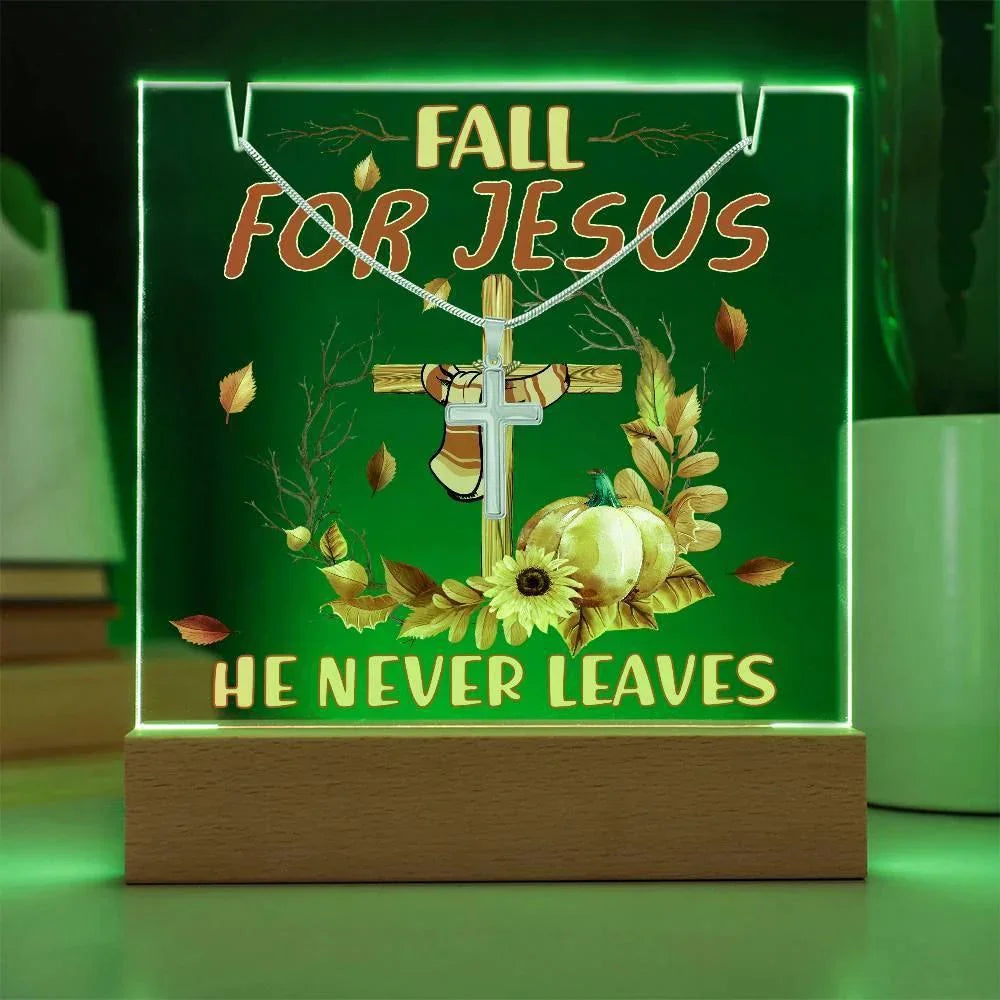 Fall for Jesus Acrylic Plaque – Christian Fall Décor with Artsan Cross Necklace | Faith-Based LED Light Display Gift