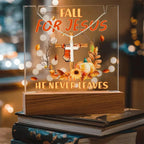 Fall for Jesus Acrylic Plaque – Christian Fall Décor with Artsan Cross Necklace | Faith-Based LED Light Display Gift