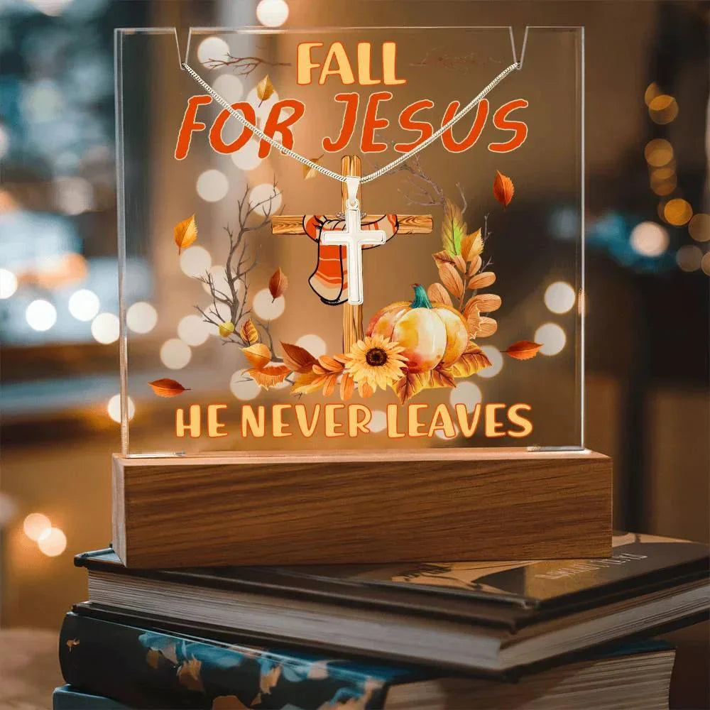Fall for Jesus Acrylic Plaque – Christian Fall Décor with Artsan Cross Necklace | Faith-Based LED Light Display Gift