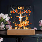 Fall for Jesus Acrylic Plaque – Christian Fall Décor with Artsan Cross Necklace | Faith-Based LED Light Display Gift
