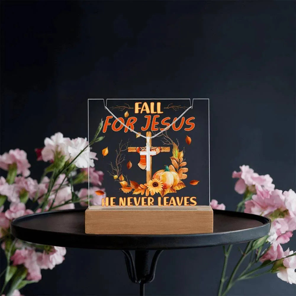 Fall for Jesus Acrylic Plaque – Christian Fall Décor with Artsan Cross Necklace | Faith-Based LED Light Display Gift