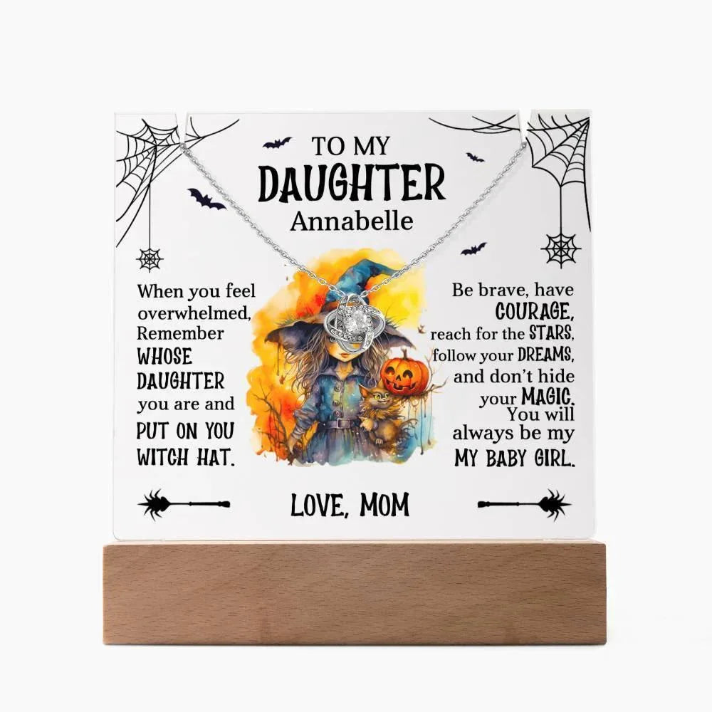 Daughter Halloween Little Witch Personalized Inspirational Acrylic Keepsake Plaque and Necklace