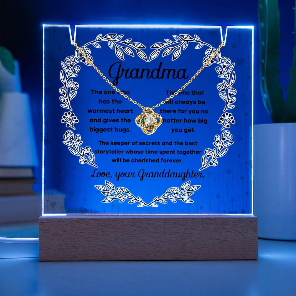 Grandmother - Biggest Hugs, The Keeper of Secrets - Keepsake Acrylic Plaque with Love Knot Necklace - Mallard Moon Gift Shop