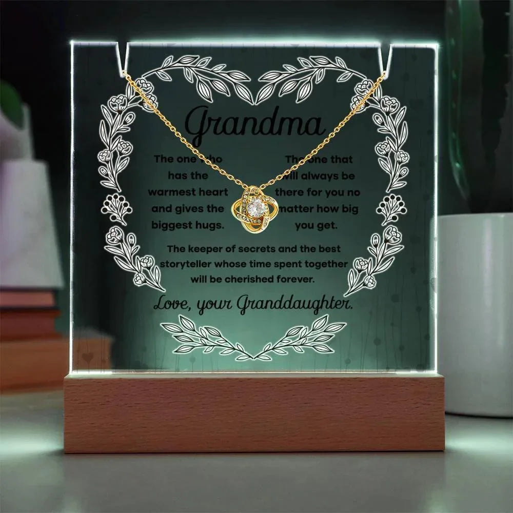 Grandmother - Biggest Hugs, The Keeper of Secrets - Keepsake Acrylic Plaque with Love Knot Necklace