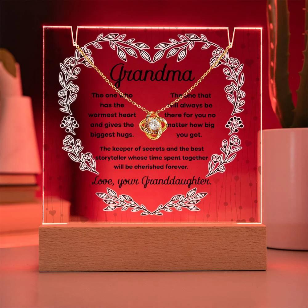 Grandmother - Biggest Hugs, The Keeper of Secrets - Keepsake Acrylic Plaque with Love Knot Necklace