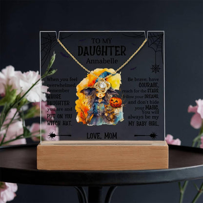 Daughter Halloween Little Witch Personalized Inspirational Acrylic Keepsake Plaque and Necklace - Mallard Moon Gift Shop