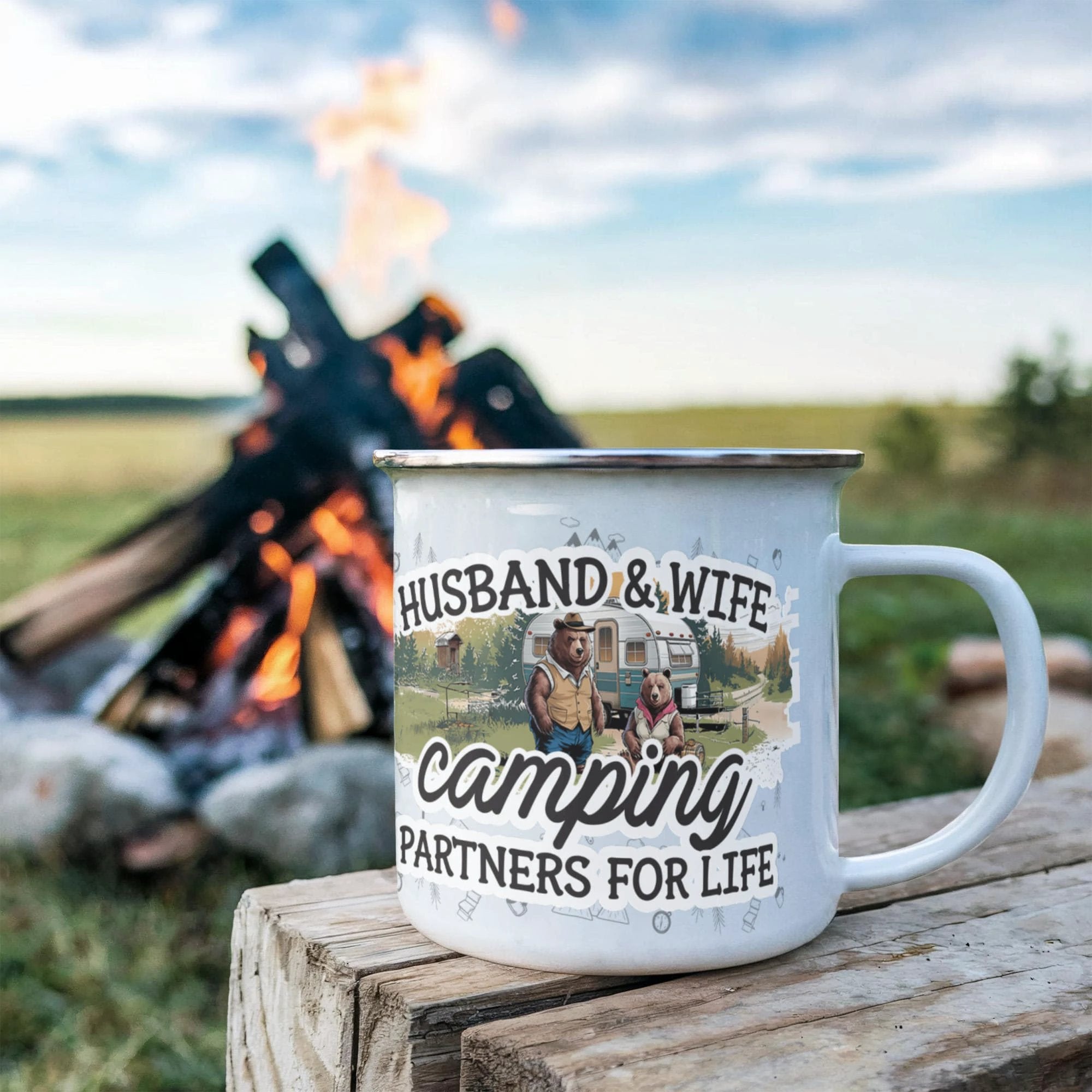 Husband & Wife Camping Partners for Life Enamel Mug – Cute Bear Couple RV Camper Gift for Couples, Campers & Outdoor Adventures