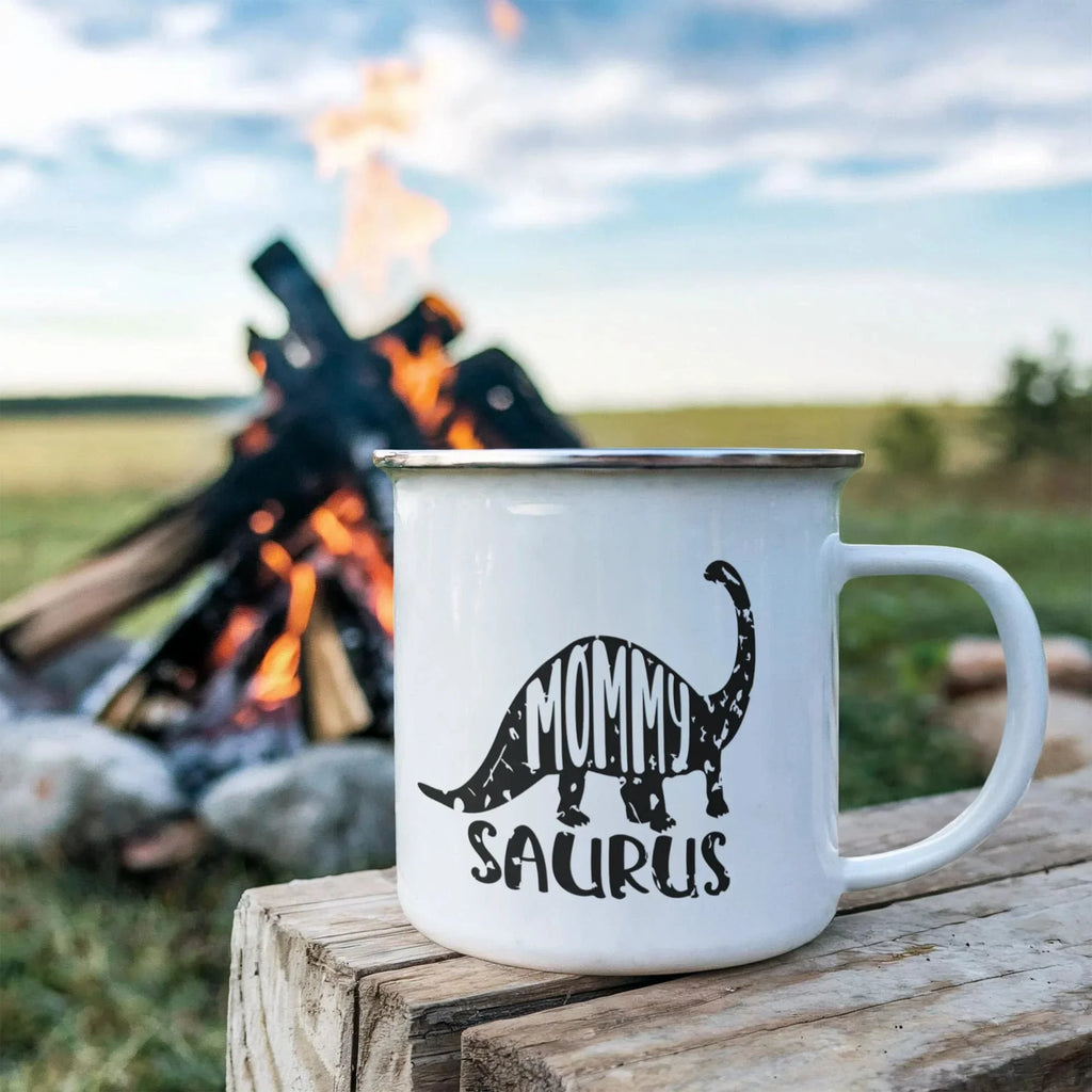 Mommy Saurus Camping Mug – Funny Dinosaur Gift for Mom – Enamel-Coated Stainless Steel Travel Cup