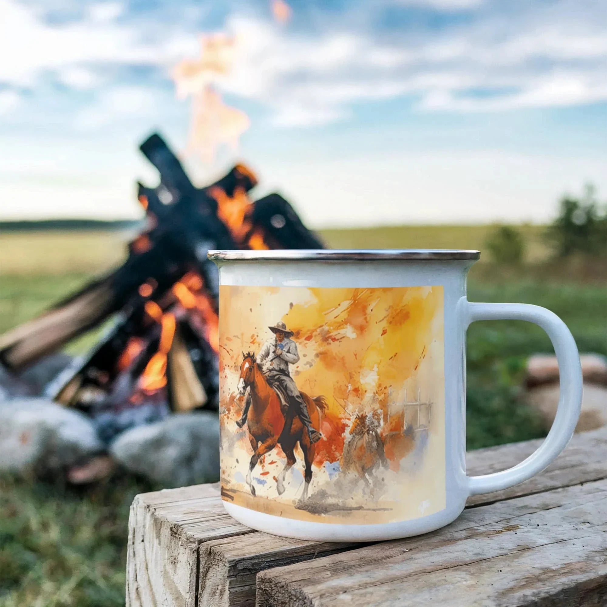 Texas Rodeo Cowboy Enamel Camping Mug – 12oz – Rustic Western Coffee Cup for Outdoor Adventures & Lone Star State Lovers