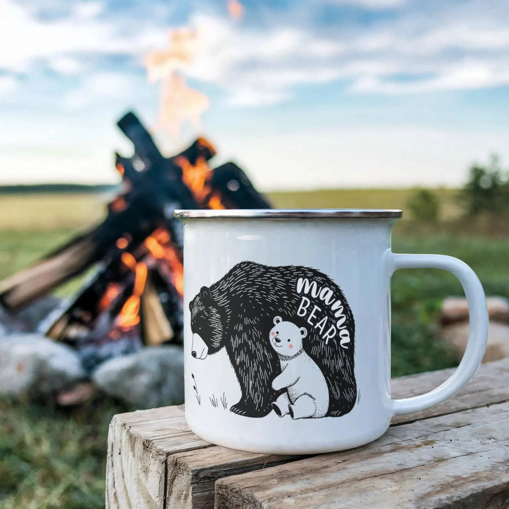 Mama Bear Enamel Camping Mug – Cute Bear & Cub Outdoor Coffee Cup for Moms, Mother's Day, Hiking, Camping & Adventure Gifts