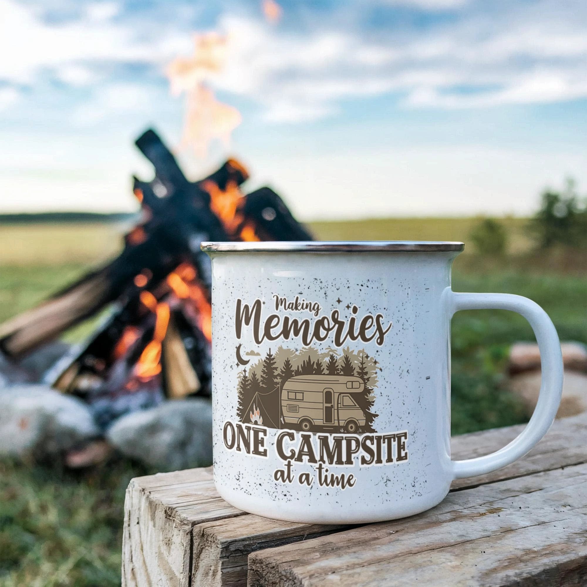 Making Memories One Campsite at a Time Enamel Camping Mug – RV Camper Coffee Cup for Travelers, Campers, Outdoor Adventurers & Road Trips