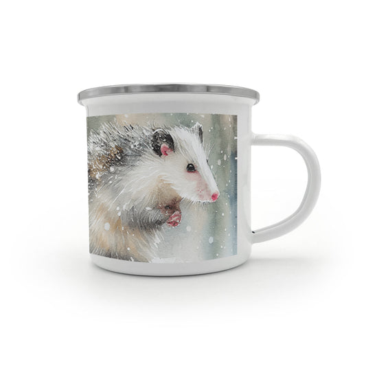 Opossum Camper Mug – 12oz Stainless Stee Mug with Enamel Coating Watercolor Possum Winter Design Camping Mug - Mallard Moon Gift Shop