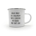 Funny Bullmastiff Parent Camping Mug – Proud Dog Owner Gift for Hikers, Campers, and Pet Lovers – 12oz Stainless Steel Enamel Travel Cup