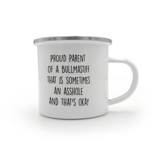 Funny Bullmastiff Parent Camping Mug – Proud Dog Owner Gift for Hikers, Campers, and Pet Lovers – 12oz Stainless Steel Enamel Travel Cup