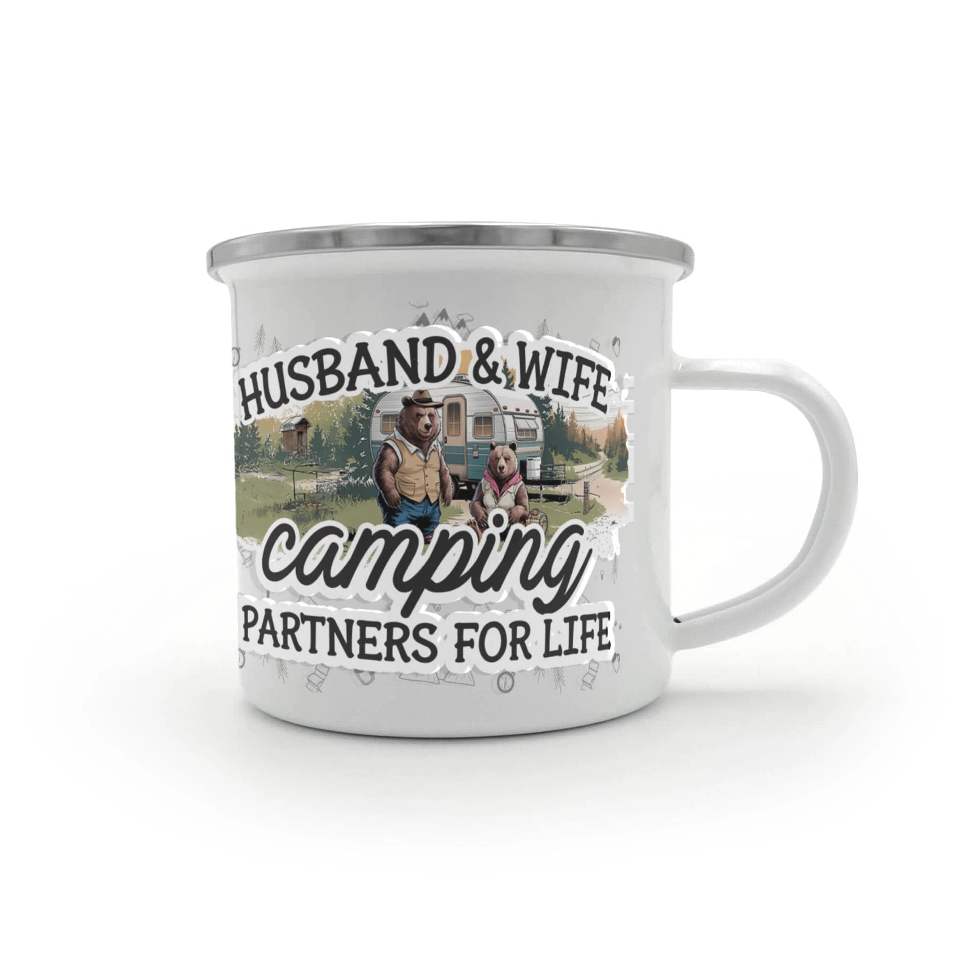 Husband & Wife Camping Partners for Life Enamel Mug – Cute Bear Couple RV Camper Gift for Couples, Campers & Outdoor Adventures