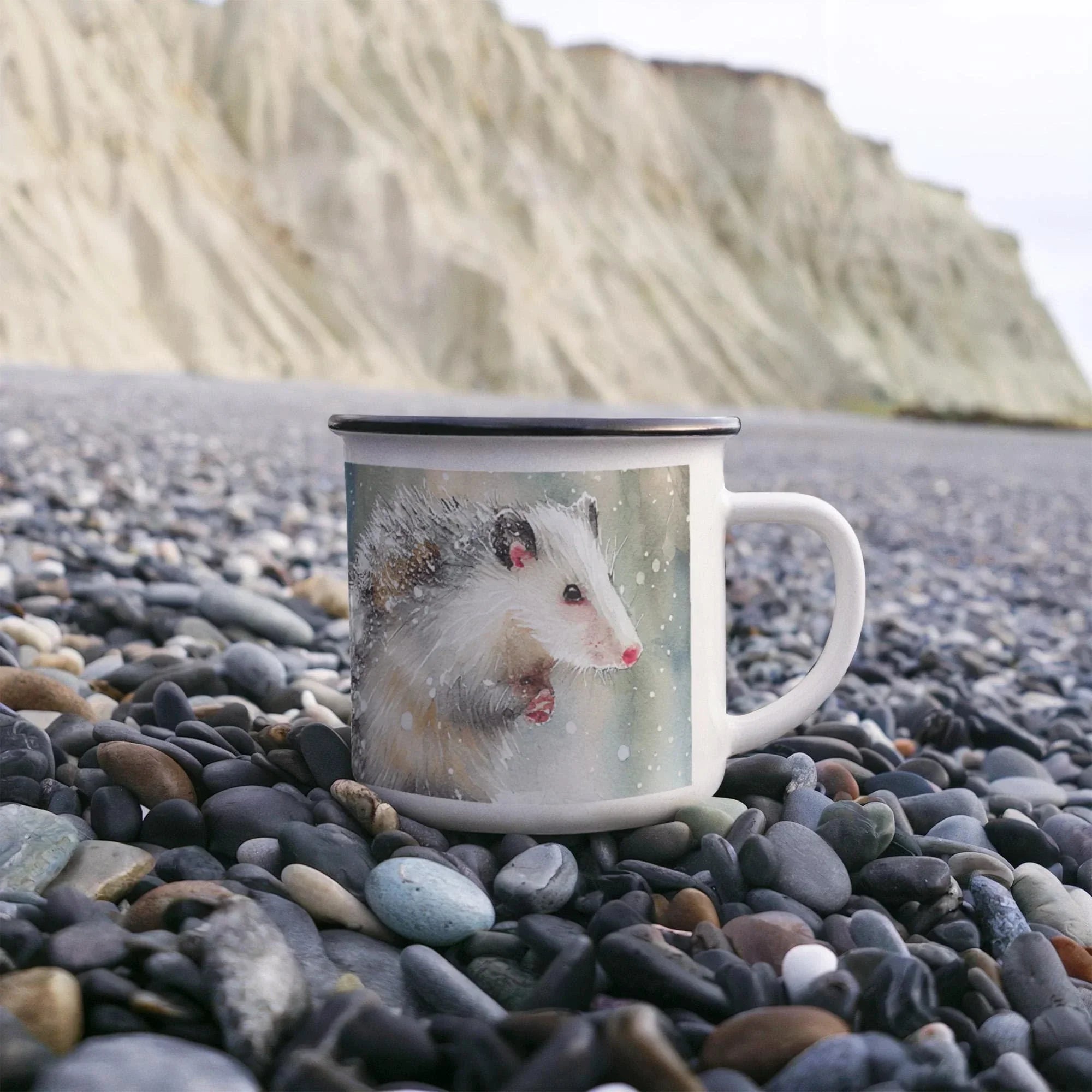 Opossum Camper Mug – 12oz Stainless Stee Mug with Enamel Coating Watercolor Possum Winter Design Camping Mug