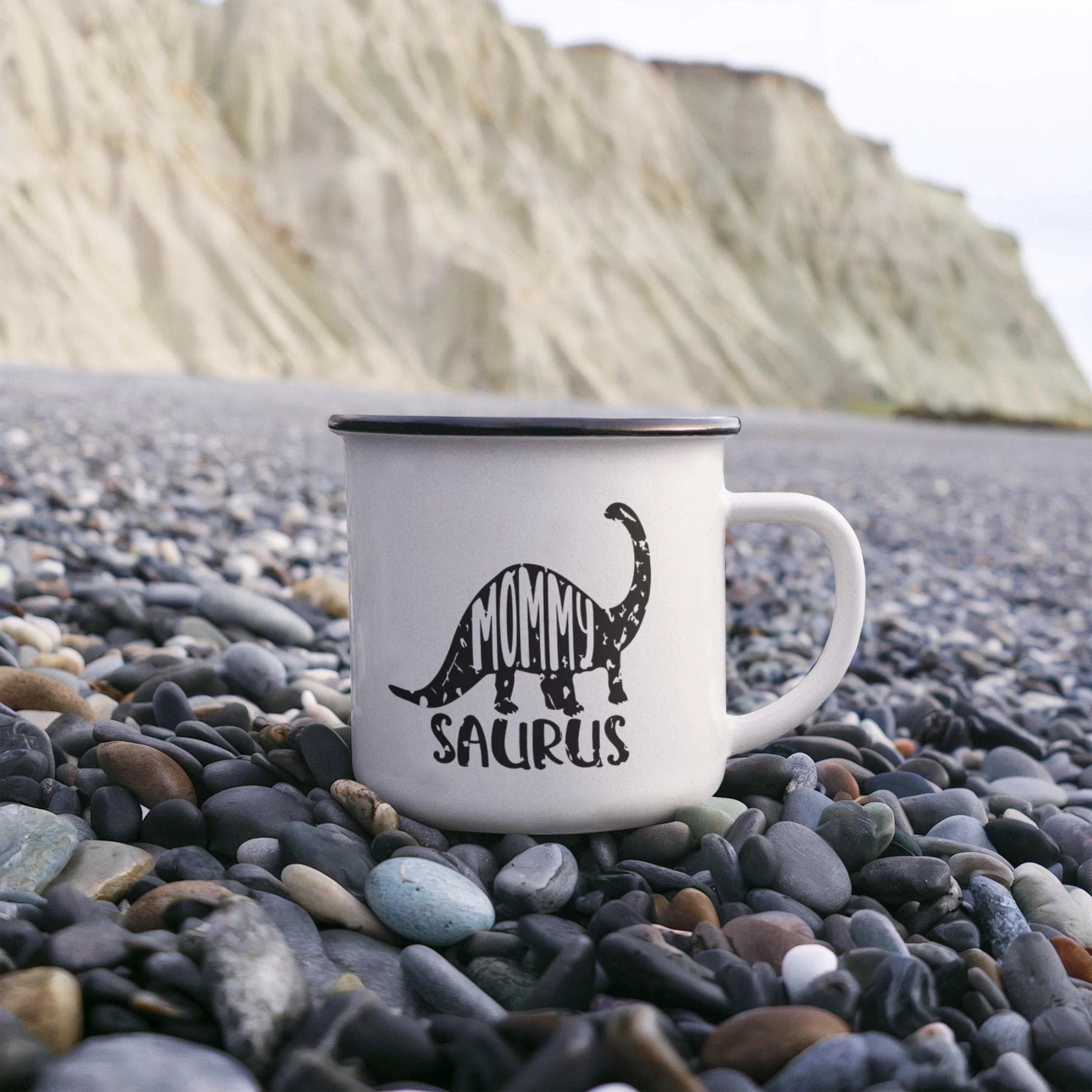 Mommy Saurus Camping Mug – Funny Dinosaur Gift for Mom – Enamel-Coated Stainless Steel Travel Cup