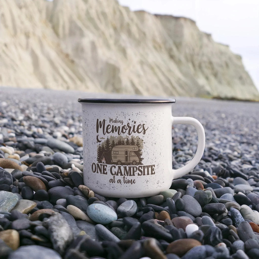 Making Memories One Campsite at a Time Enamel Camping Mug – RV Camper Coffee Cup for Travelers, Campers, Outdoor Adventurers & Road Trips