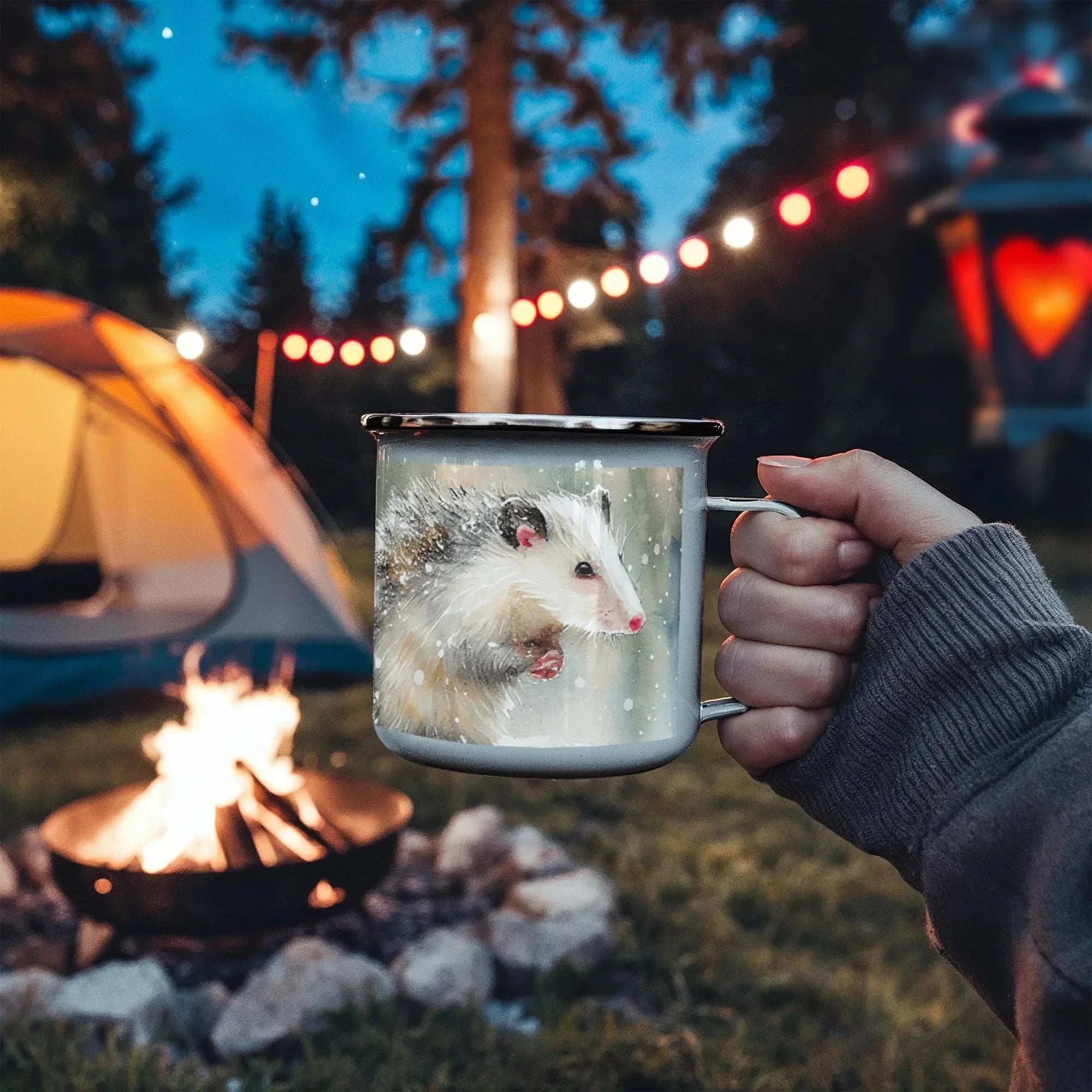 Opossum Camper Mug – 12oz Stainless Stee Mug with Enamel Coating Watercolor Possum Winter Design Camping Mug