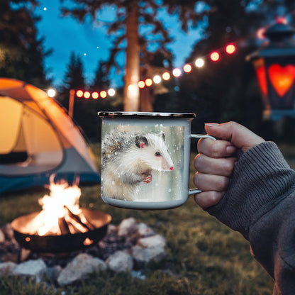 Opossum Camper Mug – 12oz Stainless Stee Mug with Enamel Coating Watercolor Possum Winter Design Camping Mug - Mallard Moon Gift Shop