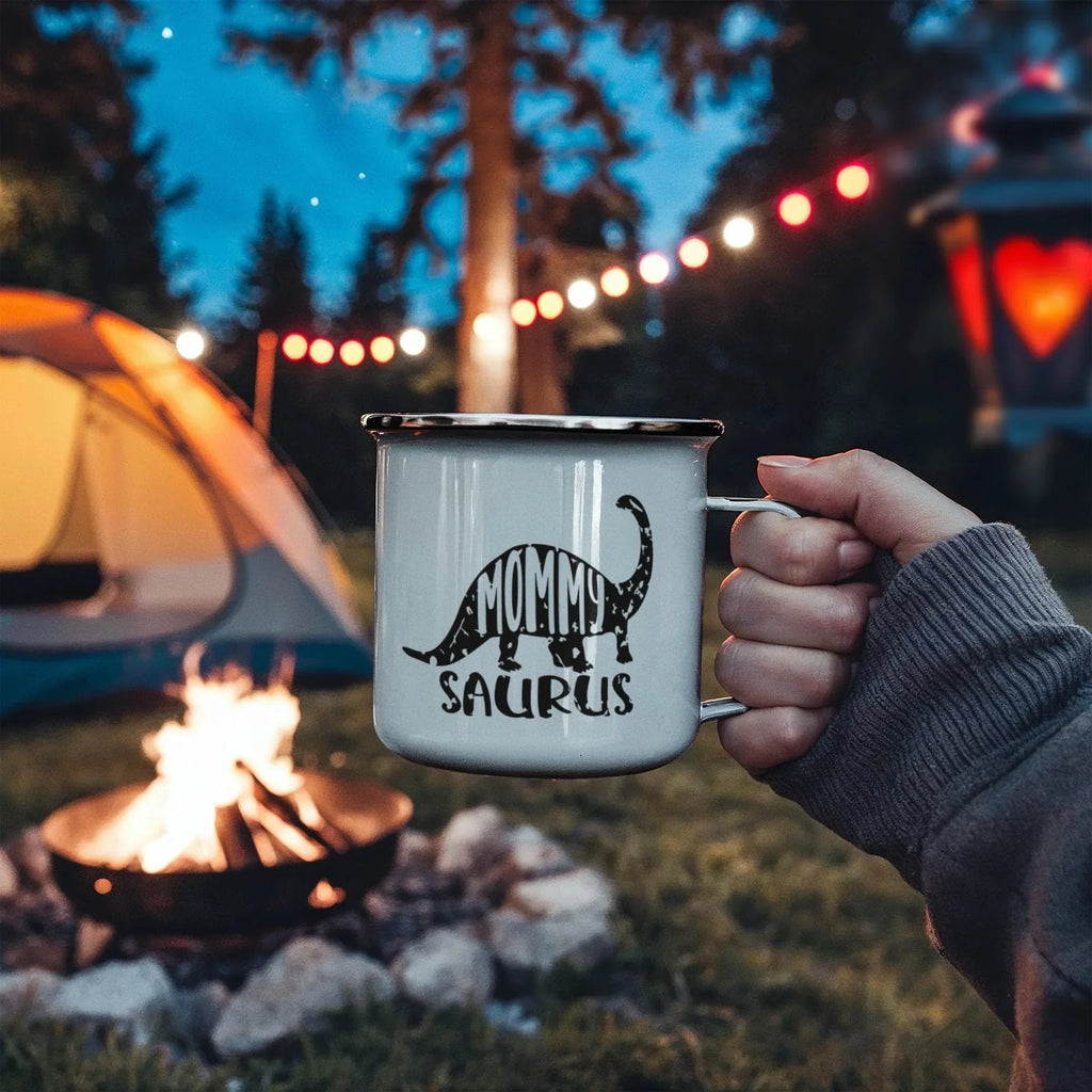 Mommy Saurus Camping Mug – Funny Dinosaur Gift for Mom – Enamel-Coated Stainless Steel Travel Cup