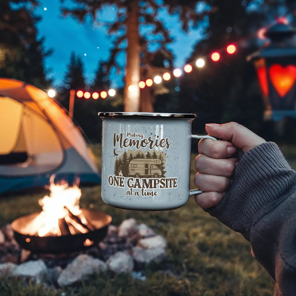 Making Memories One Campsite at a Time Enamel Camping Mug – RV Camper Coffee Cup for Travelers, Campers, Outdoor Adventurers & Road Trips