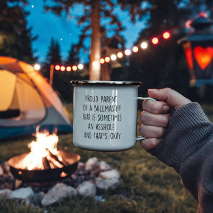 Funny Bullmastiff Parent Camping Mug – Proud Dog Owner Gift for Hikers, Campers, and Pet Lovers – 12oz Stainless Steel Enamel Travel Cup - Mallard Moon Gift Shop