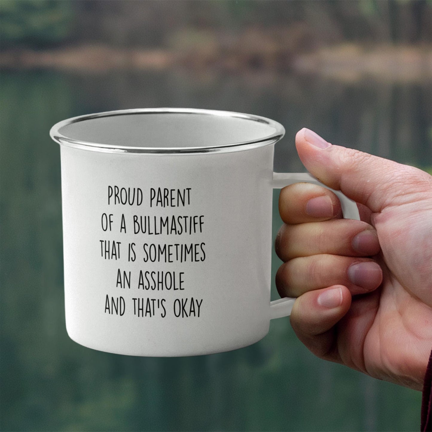 Funny Bullmastiff Parent Camping Mug – Proud Dog Owner Gift for Hikers, Campers, and Pet Lovers – 12oz Stainless Steel Enamel Travel Cup - Mallard Moon Gift Shop