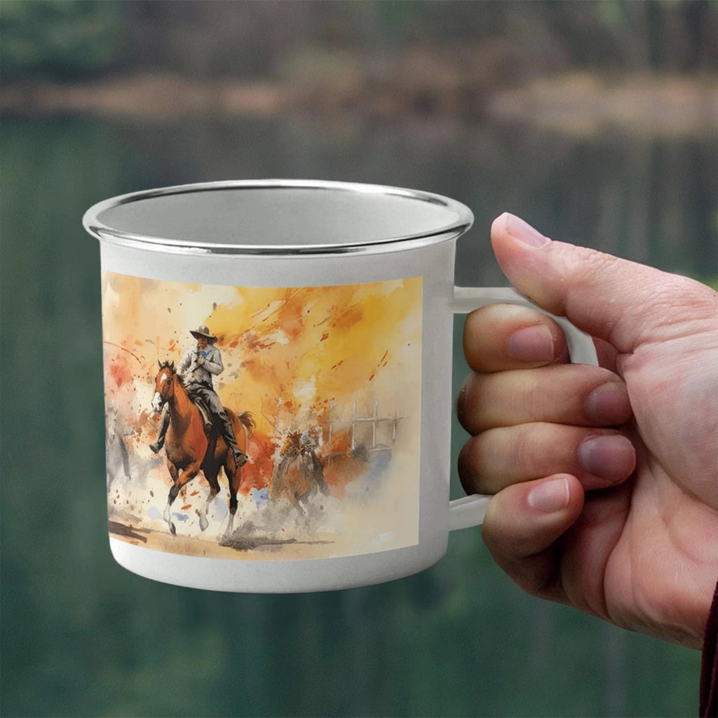 Texas Rodeo Cowboy Enamel Camping Mug – 12oz – Rustic Western Coffee Cup for Outdoor Adventures & Lone Star State Lovers
