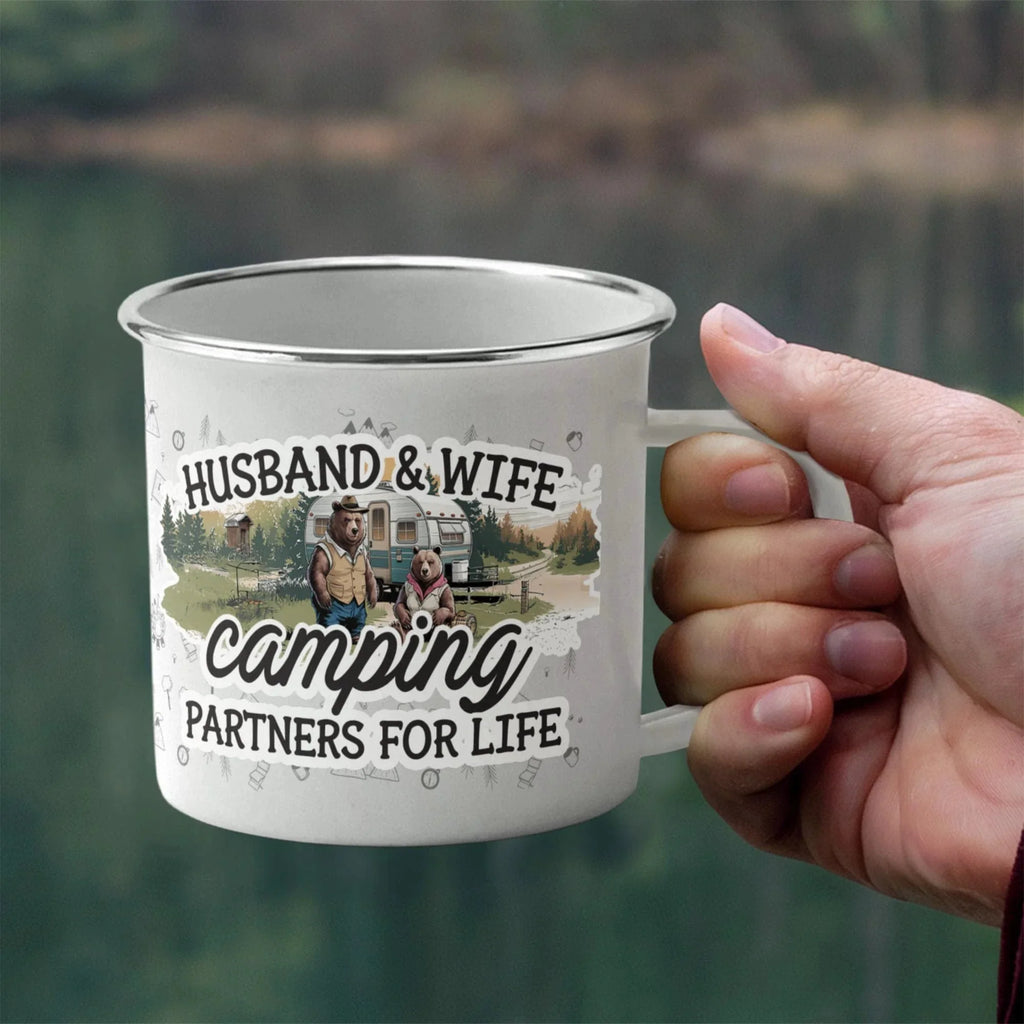 Husband & Wife Camping Partners for Life Enamel Mug – Cute Bear Couple RV Camper Gift for Couples, Campers & Outdoor Adventures