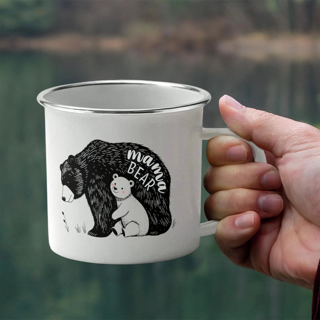 Mama Bear Enamel Camping Mug – Cute Bear & Cub Outdoor Coffee Cup for Moms, Mother's Day, Hiking, Camping & Adventure Gifts