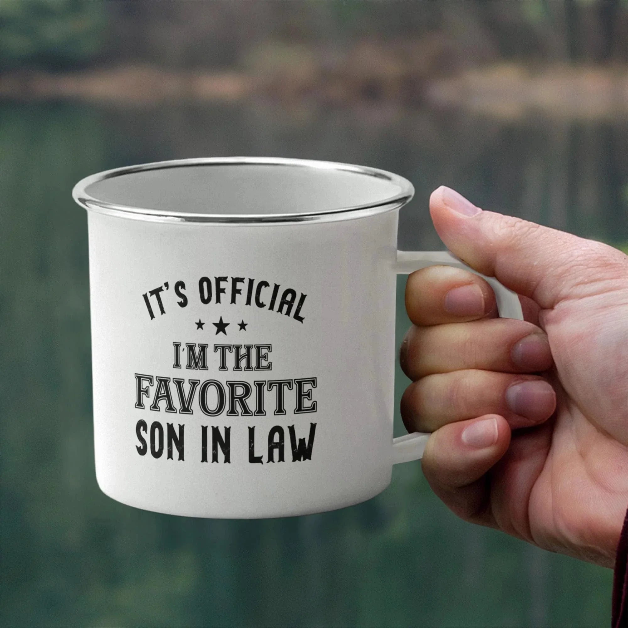 It's Official, I'm the Favorite Son-In-Law – Enamel Camper Mug (12oz)