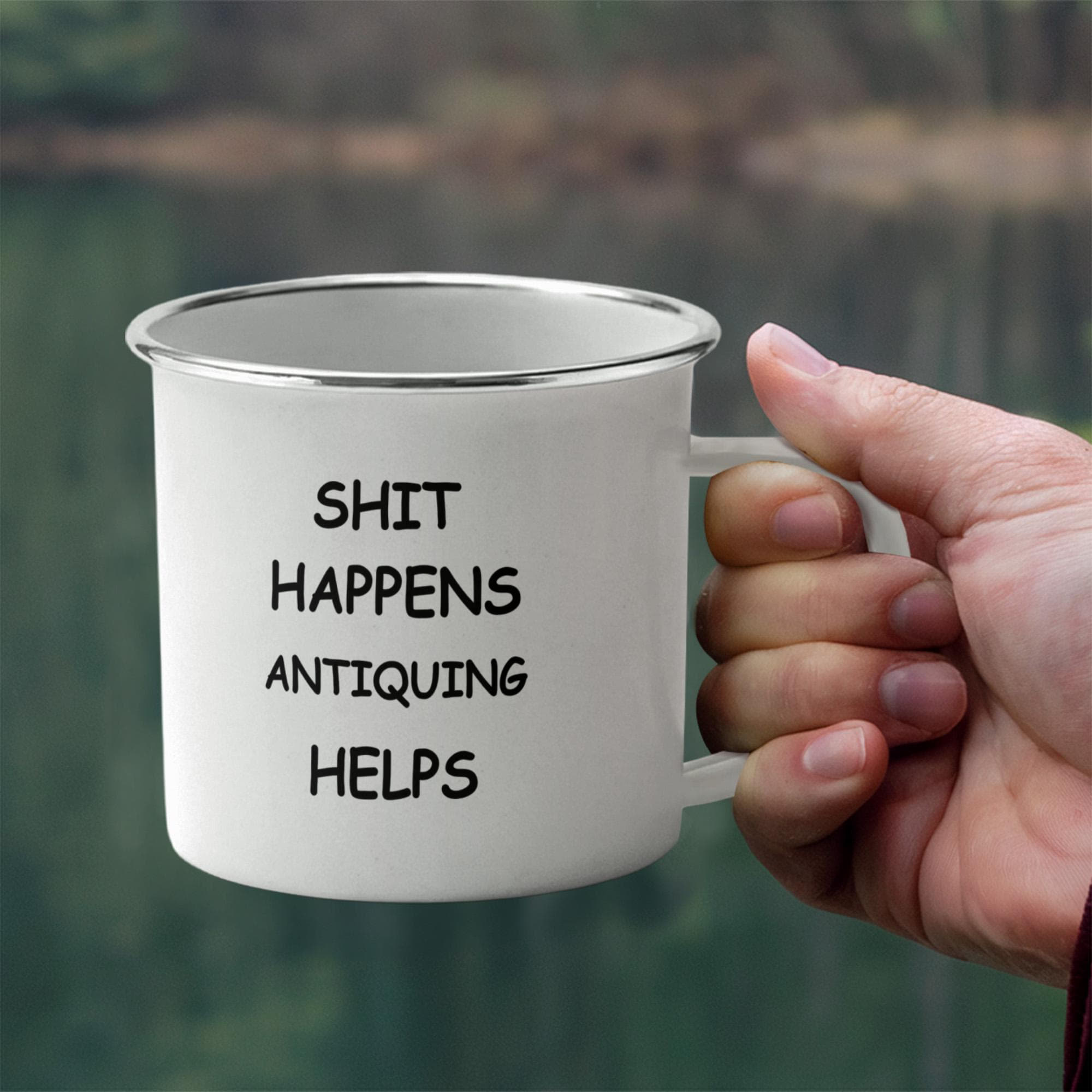 Shit Happens Antiquing Helps Enamel Camping Mug – Funny Antique Lovers Gift – Vintage Picker Travel Cup for Flea Market Adventures