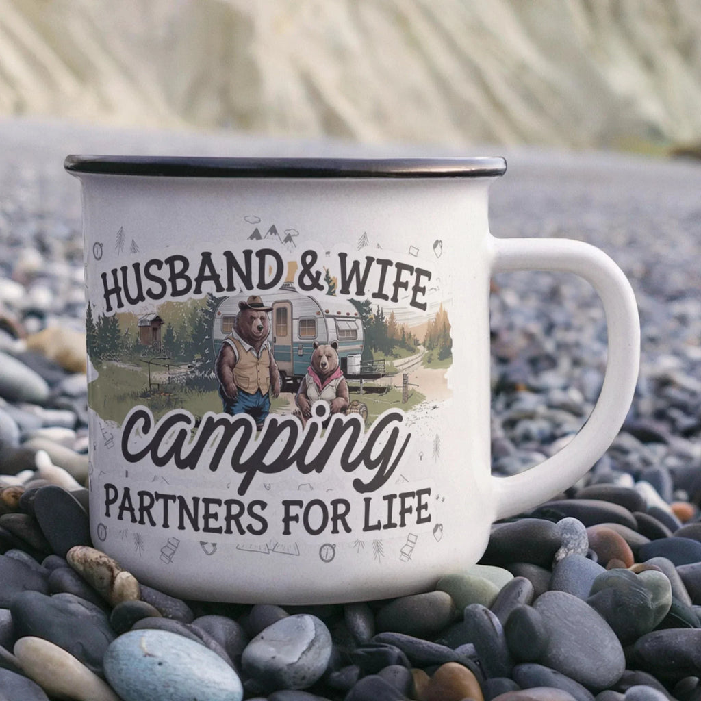 Husband & Wife Camping Partners for Life Enamel Mug – Cute Bear Couple RV Camper Gift for Couples, Campers & Outdoor Adventures