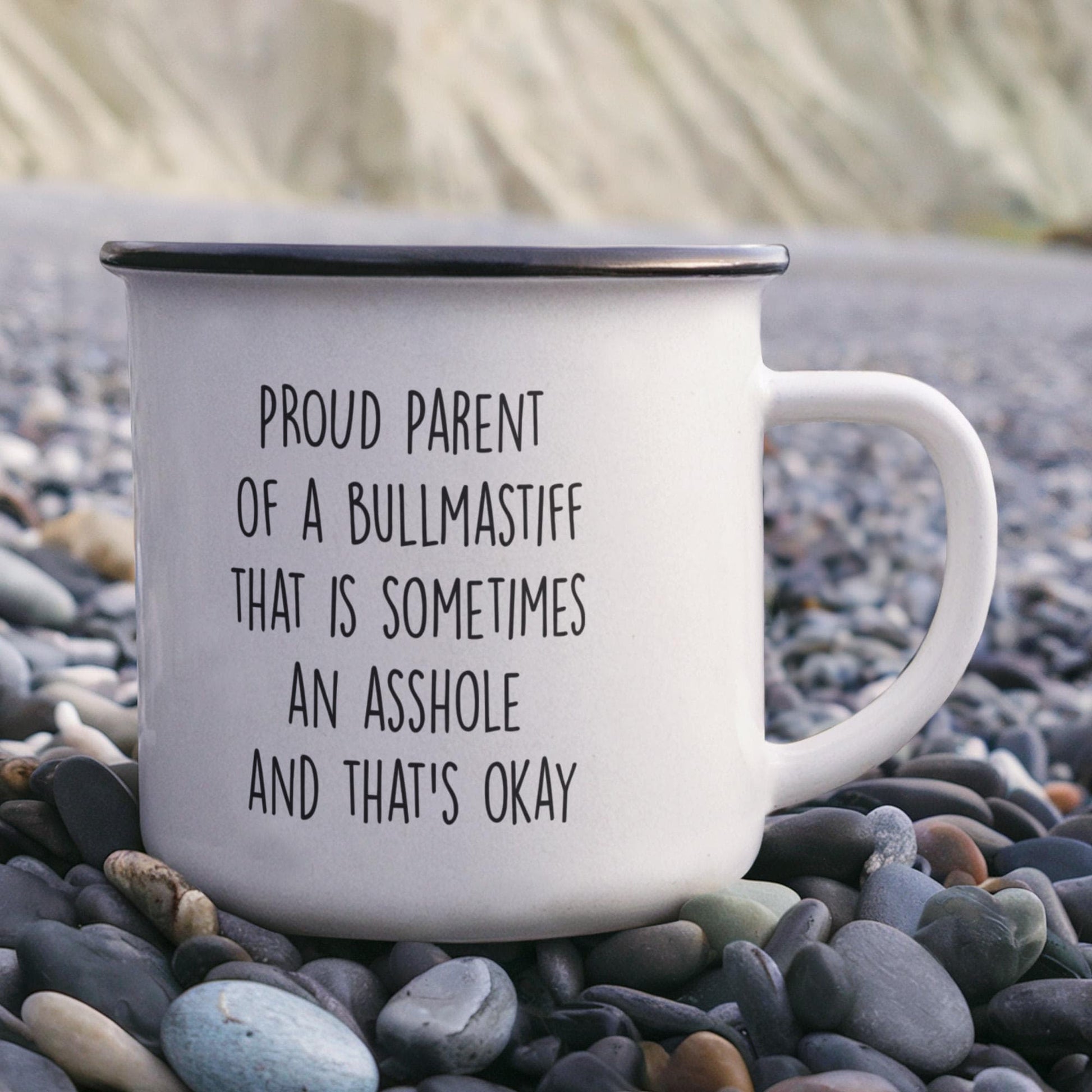 Funny Bullmastiff Parent Camping Mug – Proud Dog Owner Gift for Hikers, Campers, and Pet Lovers – 12oz Stainless Steel Enamel Travel Cup - Mallard Moon Gift Shop