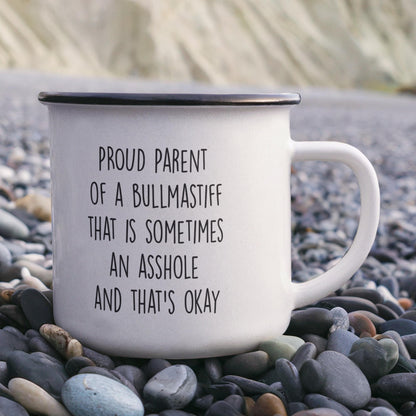 Funny Bullmastiff Parent Camping Mug – Proud Dog Owner Gift for Hikers, Campers, and Pet Lovers – 12oz Stainless Steel Enamel Travel Cup - Mallard Moon Gift Shop