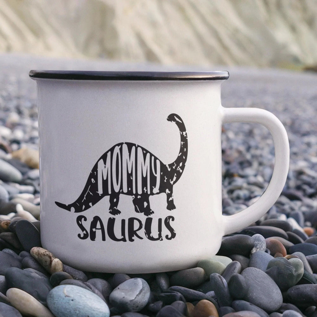 Mommy Saurus Camping Mug – Funny Dinosaur Gift for Mom – Enamel-Coated Stainless Steel Travel Cup
