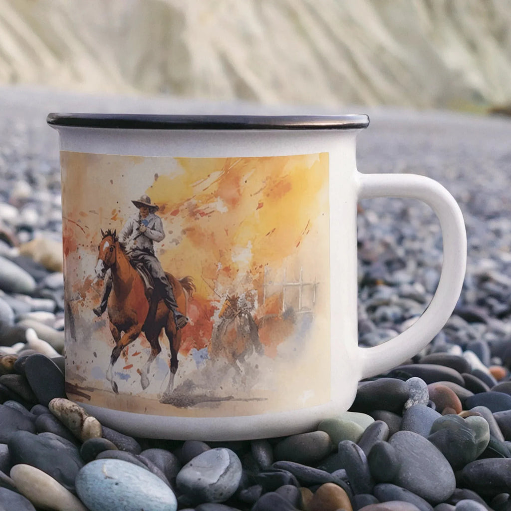 Texas Rodeo Cowboy Enamel Camping Mug – 12oz – Rustic Western Coffee Cup for Outdoor Adventures & Lone Star State Lovers