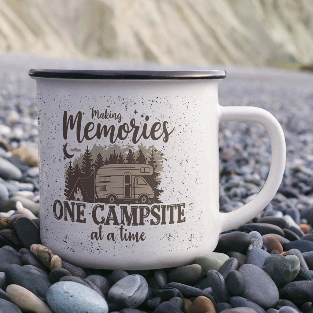 Making Memories One Campsite at a Time Enamel Camping Mug – RV Camper Coffee Cup for Travelers, Campers, Outdoor Adventurers & Road Trips