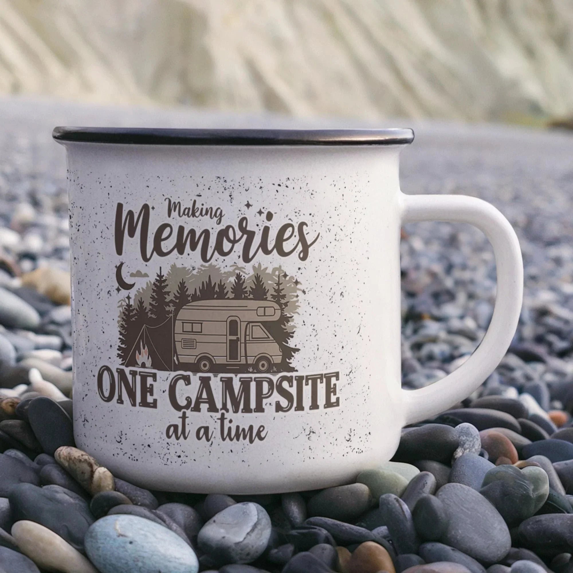 Making Memories One Campsite at a Time Enamel Camping Mug – RV Camper Coffee Cup for Travelers, Campers, Outdoor Adventurers & Road Trips