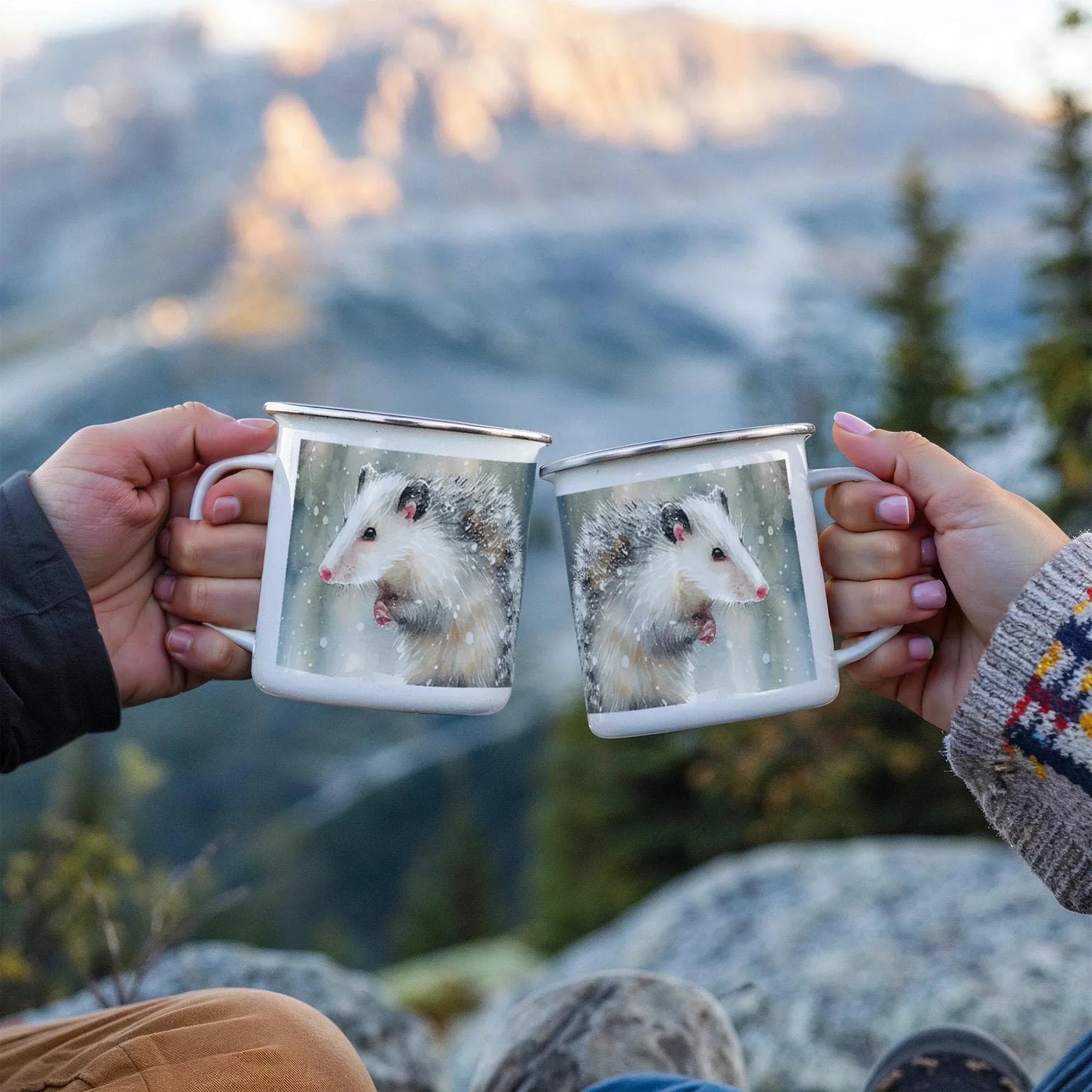 Opossum Camper Mug – 12oz Stainless Stee Mug with Enamel Coating Watercolor Possum Winter Design Camping Mug