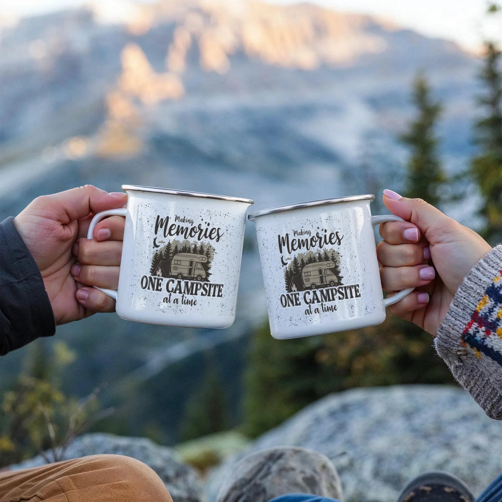 Making Memories One Campsite at a Time Enamel Camping Mug – RV Camper Coffee Cup for Travelers, Campers, Outdoor Adventurers & Road Trips