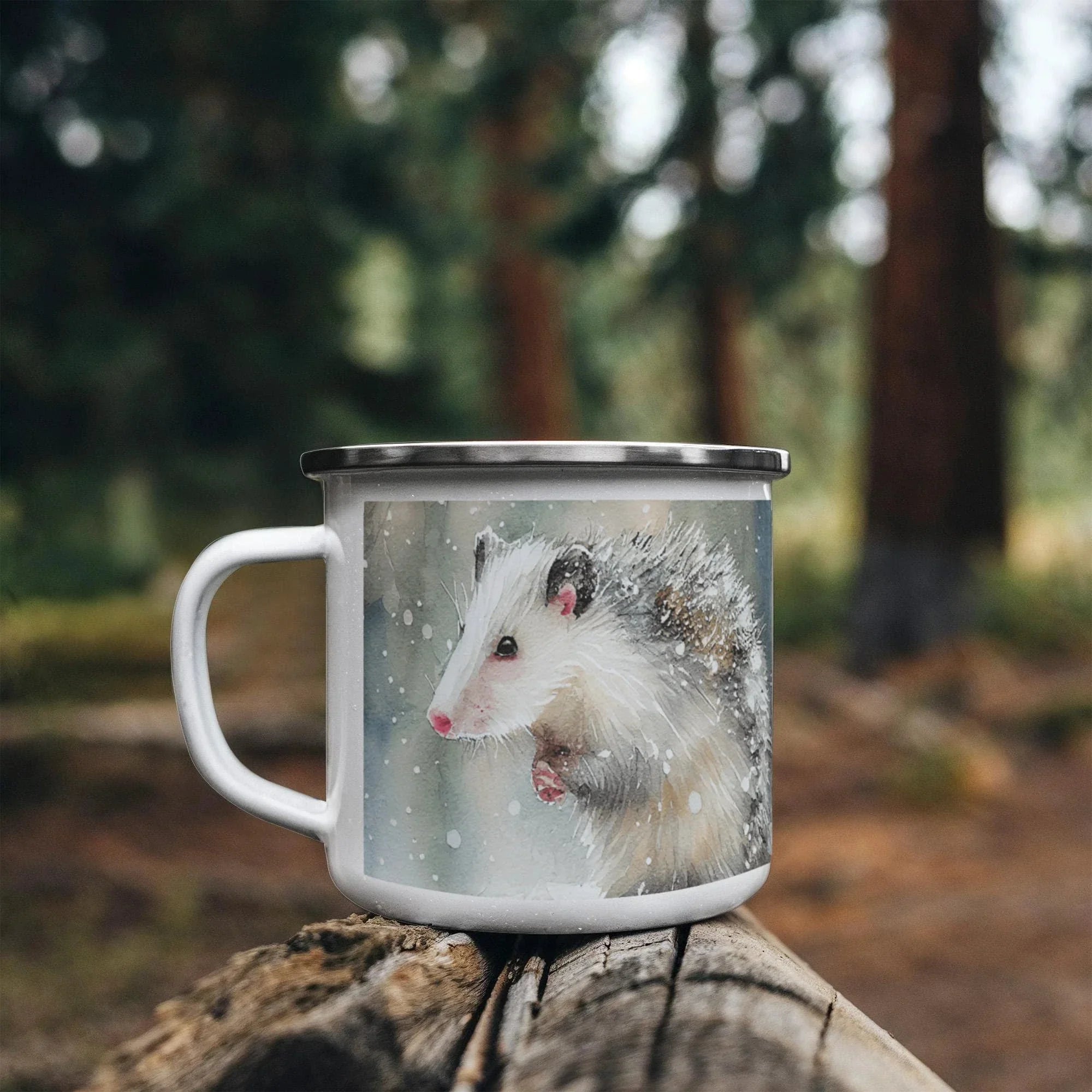 Opossum Camper Mug – 12oz Stainless Stee Mug with Enamel Coating Watercolor Possum Winter Design Camping Mug