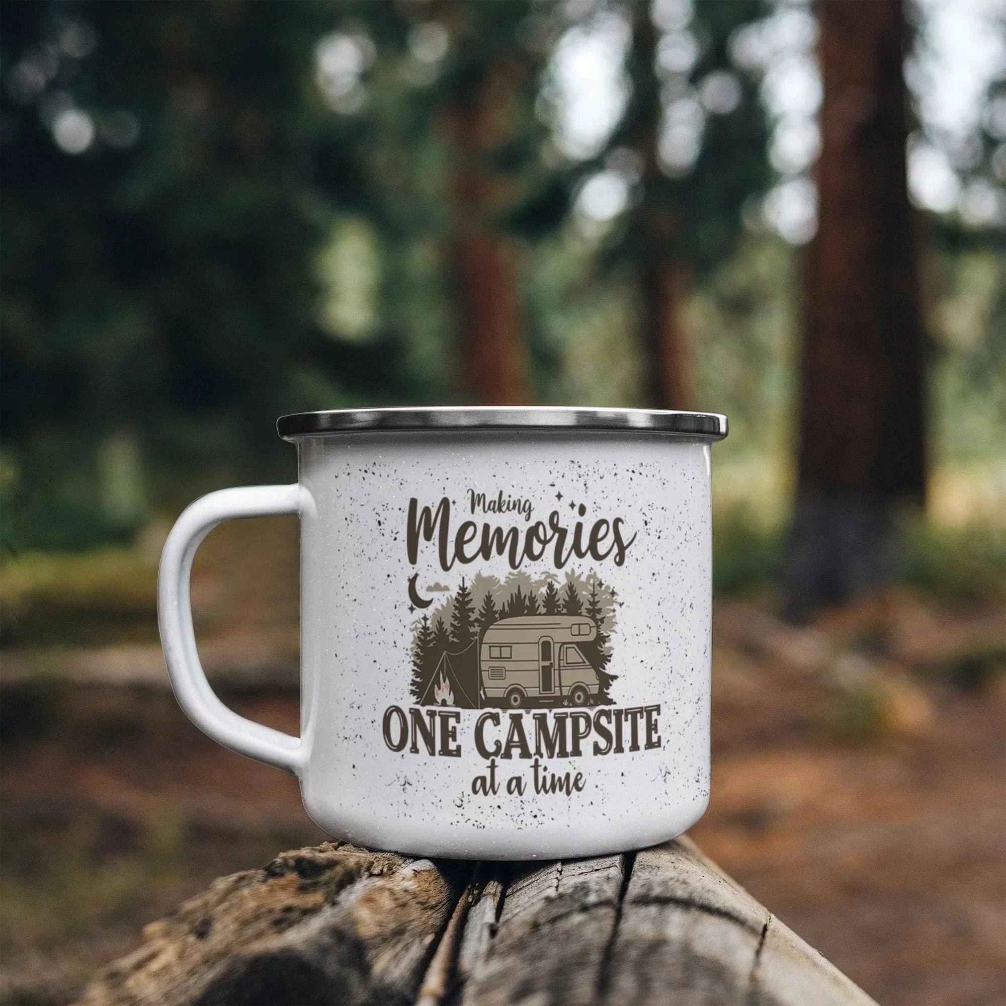 Making Memories One Campsite at a Time Enamel Camping Mug – RV Camper Coffee Cup for Travelers, Campers, Outdoor Adventurers & Road Trips