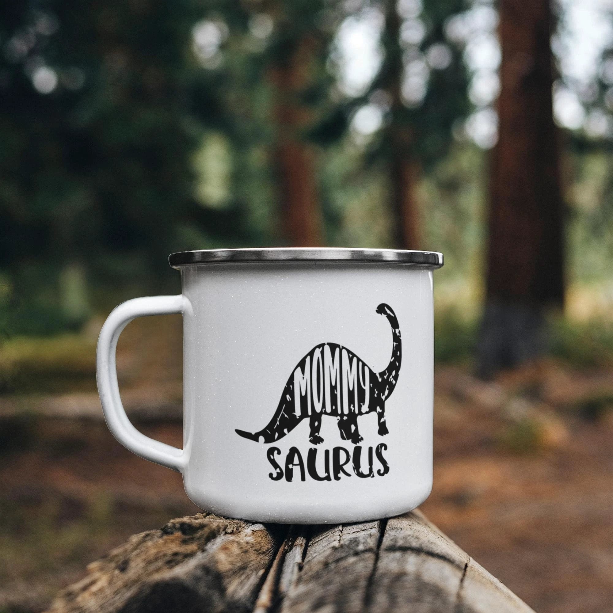 Mommy Saurus Camping Mug – Funny Dinosaur Gift for Mom – Enamel-Coated Stainless Steel Travel Cup
