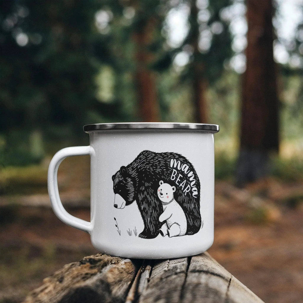 Mama Bear Enamel Camping Mug – Cute Bear & Cub Outdoor Coffee Cup for Moms, Mother's Day, Hiking, Camping & Adventure Gifts