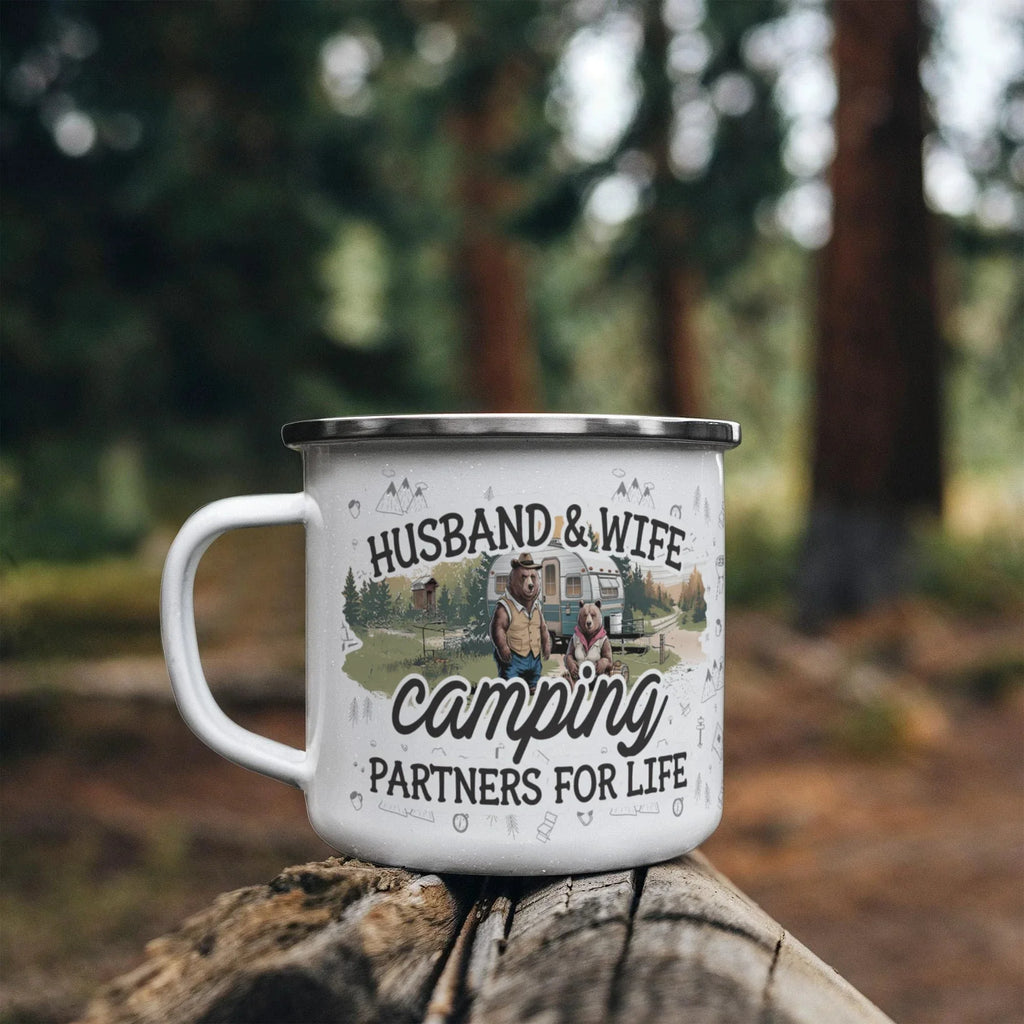 Husband & Wife Camping Partners for Life Enamel Mug – Cute Bear Couple RV Camper Gift for Couples, Campers & Outdoor Adventures