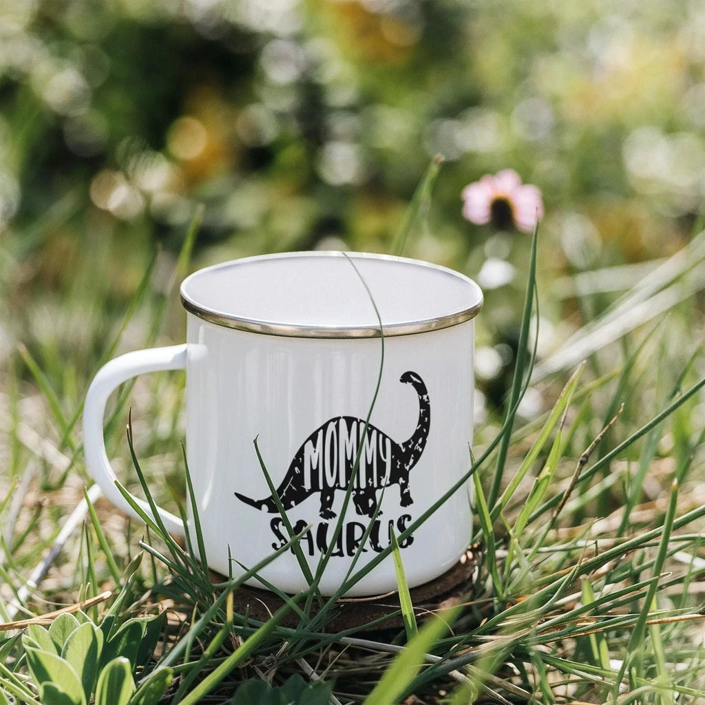 Mommy Saurus Camping Mug – Funny Dinosaur Gift for Mom – Enamel-Coated Stainless Steel Travel Cup