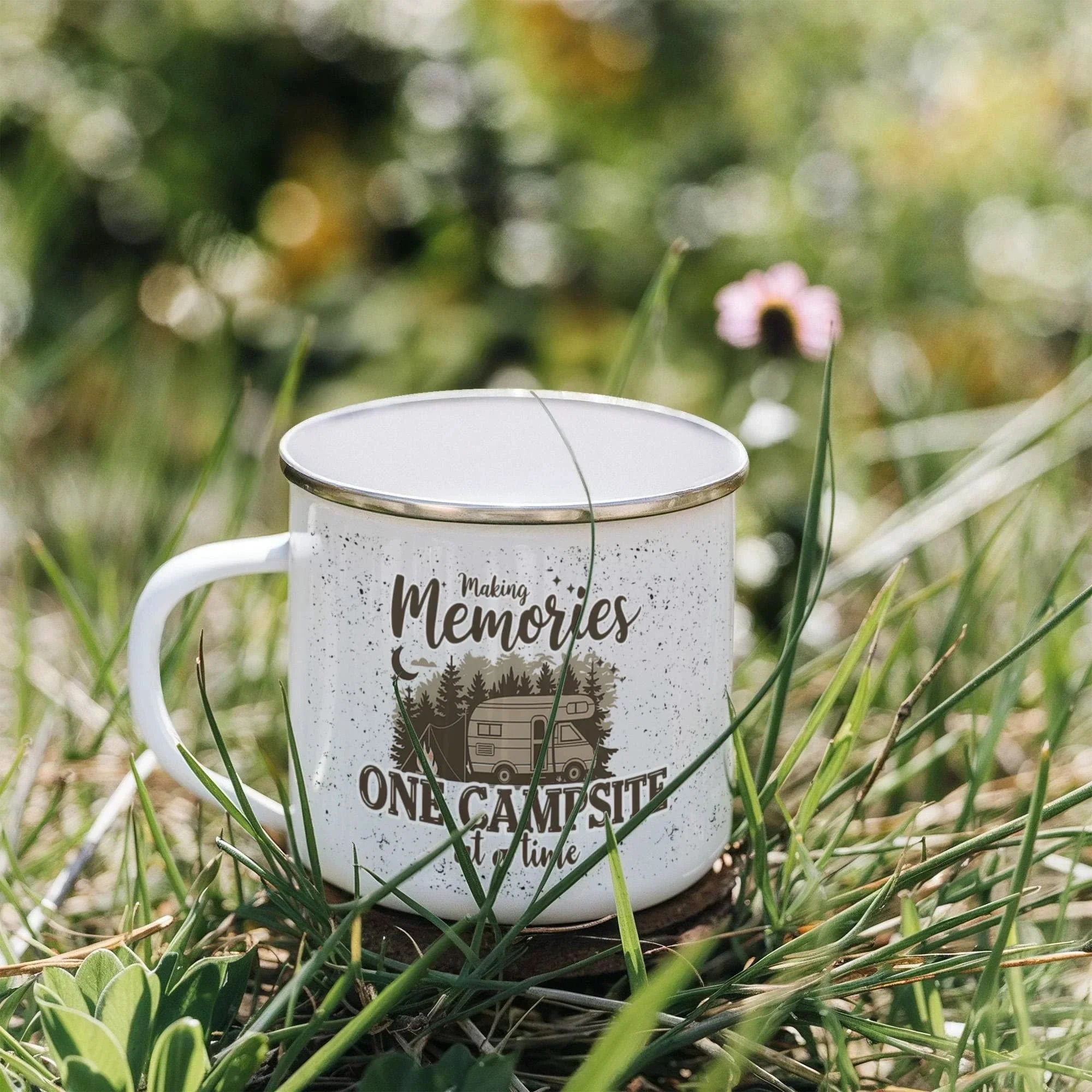 Making Memories One Campsite at a Time Enamel Camping Mug – RV Camper Coffee Cup for Travelers, Campers, Outdoor Adventurers & Road Trips